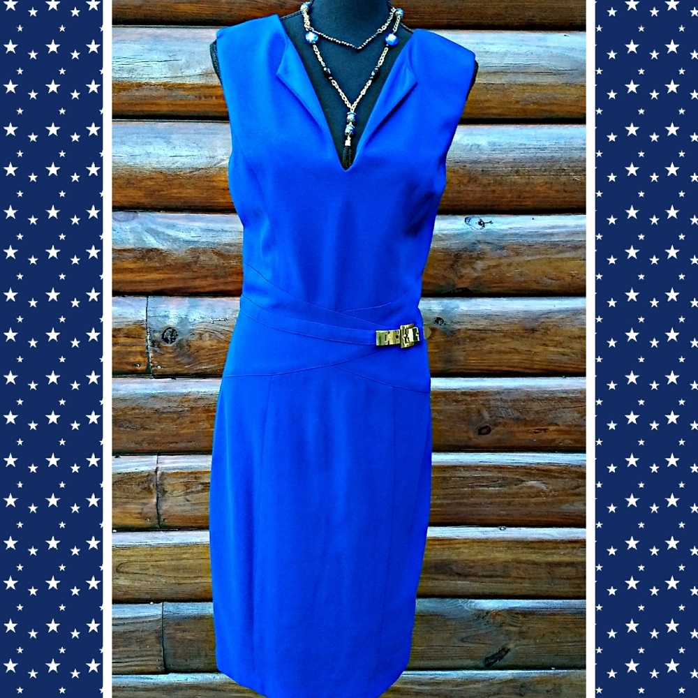 Cache Dress Fitted V Neck With Gold Buckle Size 14